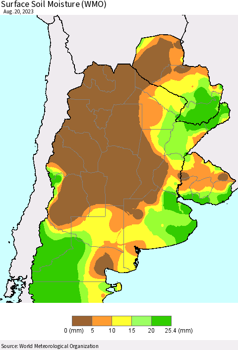 Southern South America Surface Soil Moisture (WMO) Thematic Map For 8/14/2023 - 8/20/2023