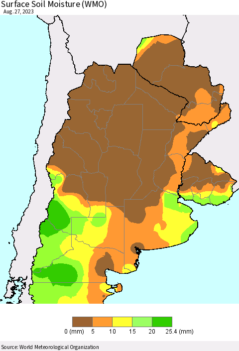 Southern South America Surface Soil Moisture (WMO) Thematic Map For 8/21/2023 - 8/27/2023
