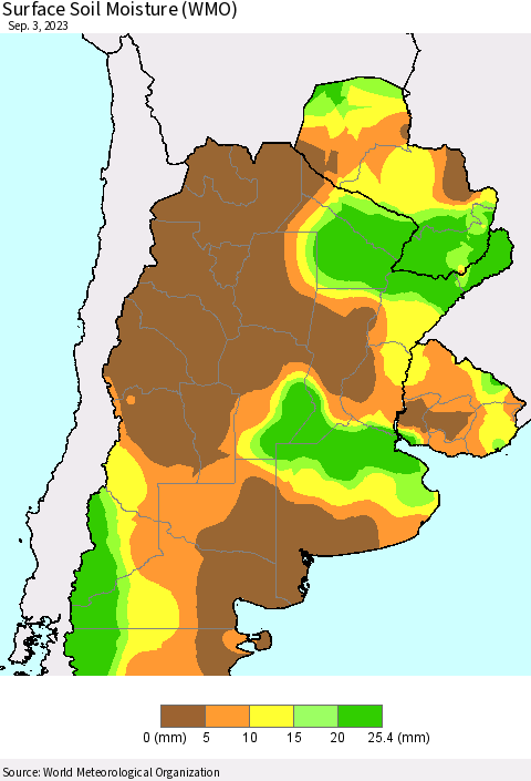 Southern South America Surface Soil Moisture (WMO) Thematic Map For 8/28/2023 - 9/3/2023