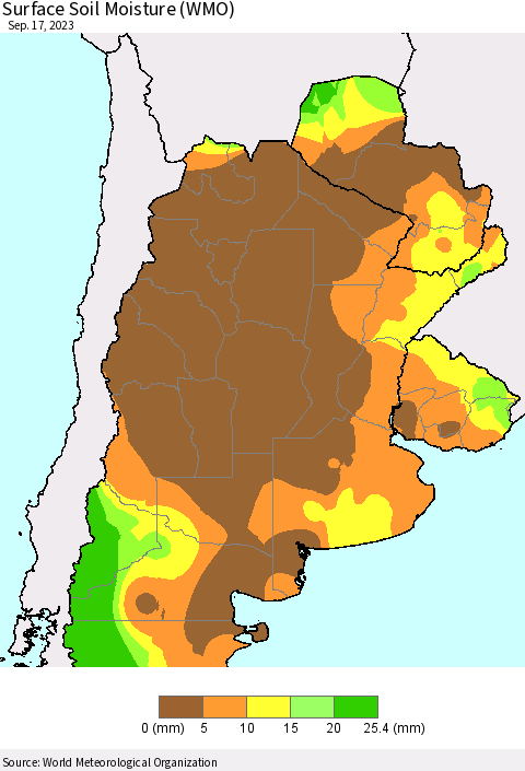 Southern South America Surface Soil Moisture (WMO) Thematic Map For 9/11/2023 - 9/17/2023