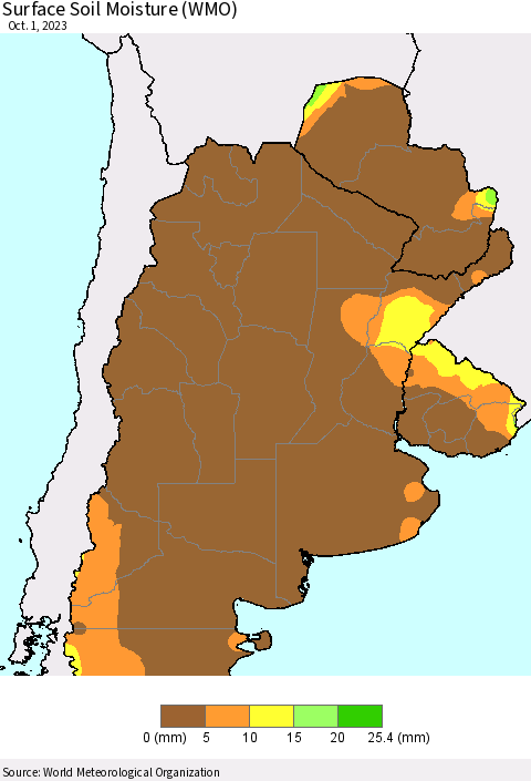 Southern South America Surface Soil Moisture (WMO) Thematic Map For 9/25/2023 - 10/1/2023