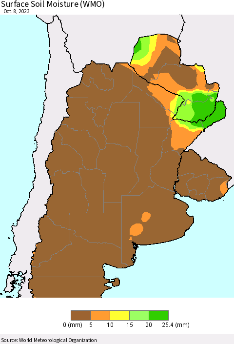 Southern South America Surface Soil Moisture (WMO) Thematic Map For 10/2/2023 - 10/8/2023