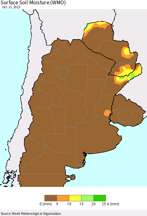 Southern South America Surface Soil Moisture (WMO) Thematic Map For 10/9/2023 - 10/15/2023