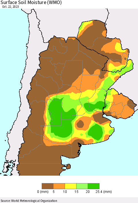 Southern South America Surface Soil Moisture (WMO) Thematic Map For 10/16/2023 - 10/22/2023