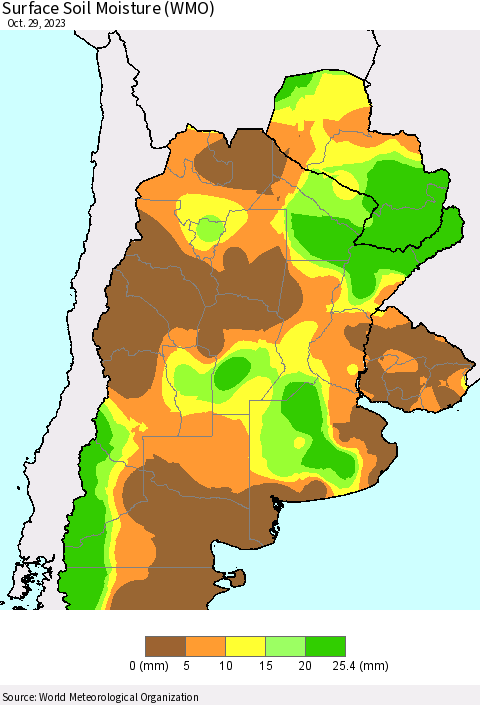 Southern South America Surface Soil Moisture (WMO) Thematic Map For 10/23/2023 - 10/29/2023