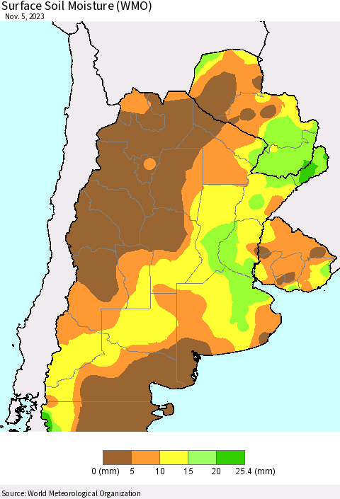 Southern South America Surface Soil Moisture (WMO) Thematic Map For 10/30/2023 - 11/5/2023