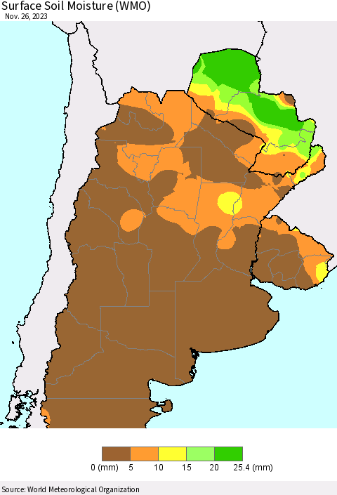 Southern South America Surface Soil Moisture (WMO) Thematic Map For 11/20/2023 - 11/26/2023
