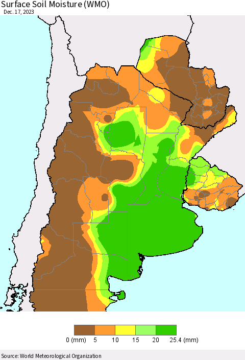 Southern South America Surface Soil Moisture (WMO) Thematic Map For 12/11/2023 - 12/17/2023
