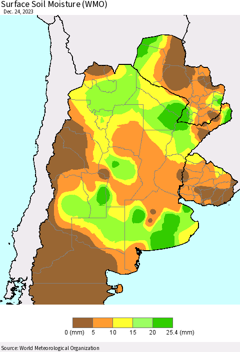 Southern South America Surface Soil Moisture (WMO) Thematic Map For 12/18/2023 - 12/24/2023