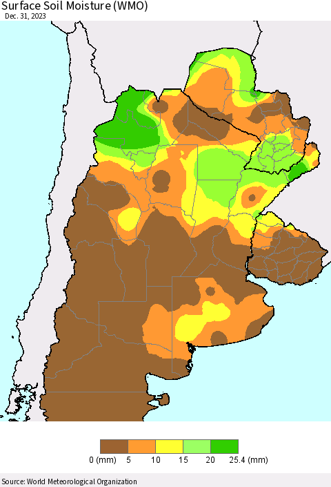 Southern South America Surface Soil Moisture (WMO) Thematic Map For 12/25/2023 - 12/31/2023
