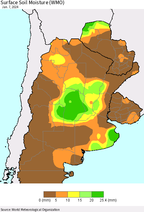 Southern South America Surface Soil Moisture (WMO) Thematic Map For 1/1/2024 - 1/7/2024