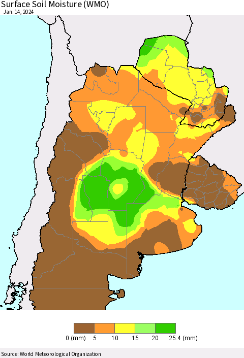 Southern South America Surface Soil Moisture (WMO) Thematic Map For 1/8/2024 - 1/14/2024