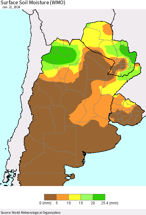 Southern South America Surface Soil Moisture (WMO) Thematic Map For 1/15/2024 - 1/21/2024