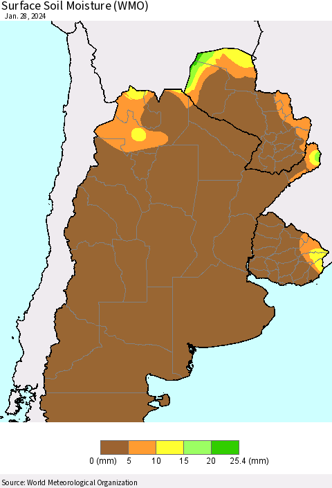 Southern South America Surface Soil Moisture (WMO) Thematic Map For 1/22/2024 - 1/28/2024
