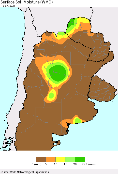 Southern South America Surface Soil Moisture (WMO) Thematic Map For 1/29/2024 - 2/4/2024