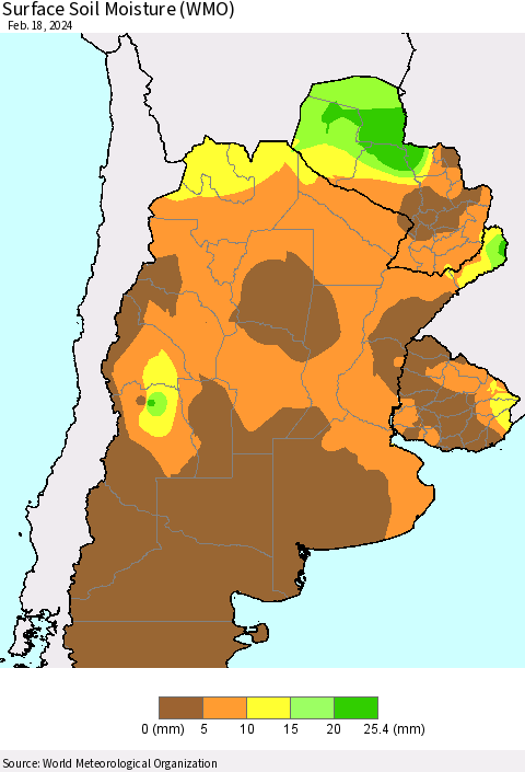 Southern South America Surface Soil Moisture (WMO) Thematic Map For 2/12/2024 - 2/18/2024