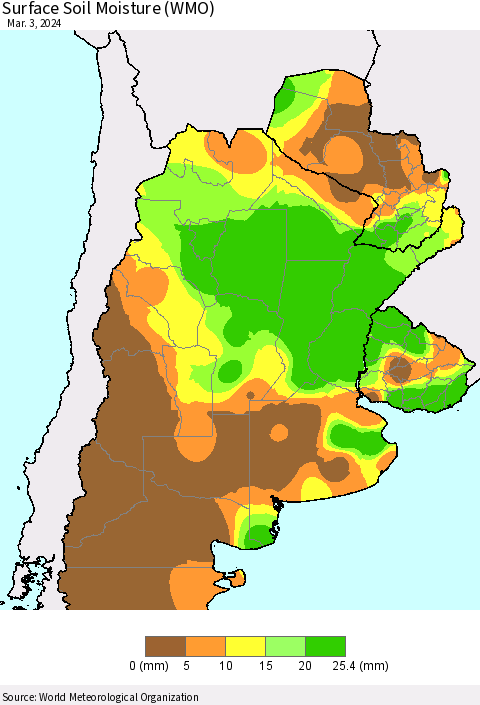 Southern South America Surface Soil Moisture (WMO) Thematic Map For 2/26/2024 - 3/3/2024