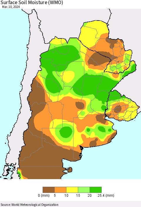 Southern South America Surface Soil Moisture (WMO) Thematic Map For 3/4/2024 - 3/10/2024