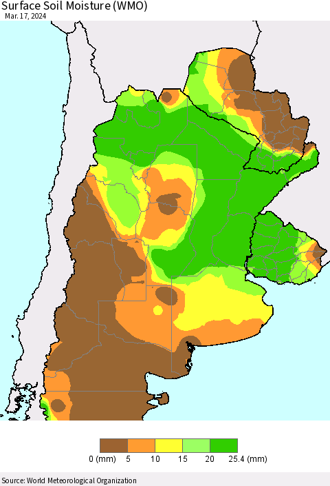 Southern South America Surface Soil Moisture (WMO) Thematic Map For 3/11/2024 - 3/17/2024
