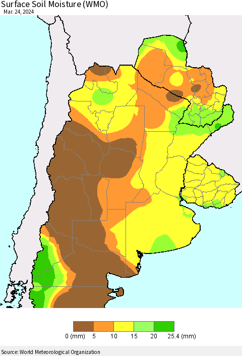 Southern South America Surface Soil Moisture (WMO) Thematic Map For 3/18/2024 - 3/24/2024
