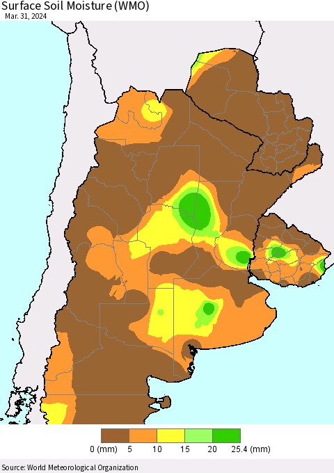 Southern South America Surface Soil Moisture (WMO) Thematic Map For 3/25/2024 - 3/31/2024