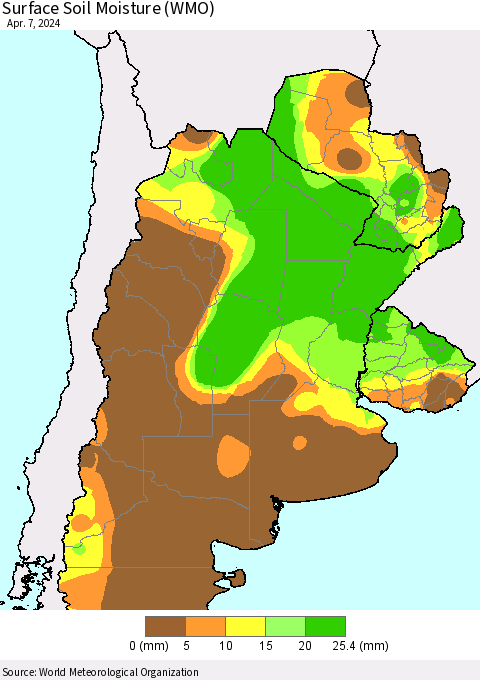 Southern South America Surface Soil Moisture (WMO) Thematic Map For 4/1/2024 - 4/7/2024