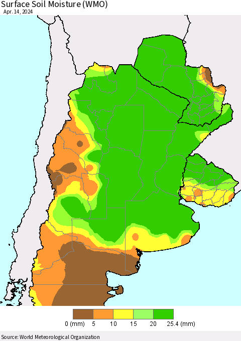 Southern South America Surface Soil Moisture (WMO) Thematic Map For 4/8/2024 - 4/14/2024