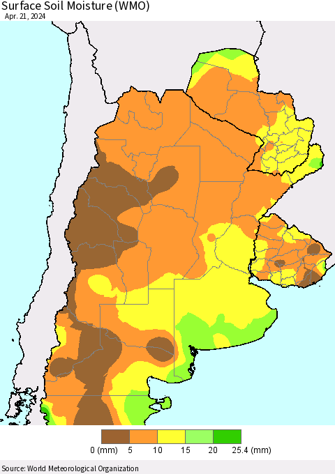 Southern South America Surface Soil Moisture (WMO) Thematic Map For 4/15/2024 - 4/21/2024