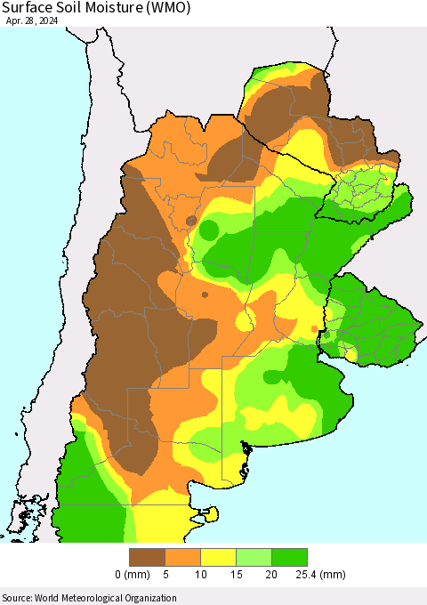 Southern South America Surface Soil Moisture (WMO) Thematic Map For 4/22/2024 - 4/28/2024