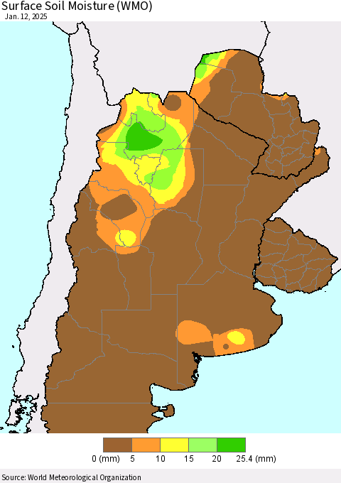 Southern South America Surface Soil Moisture (WMO) Thematic Map For 1/6/2025 - 1/12/2025