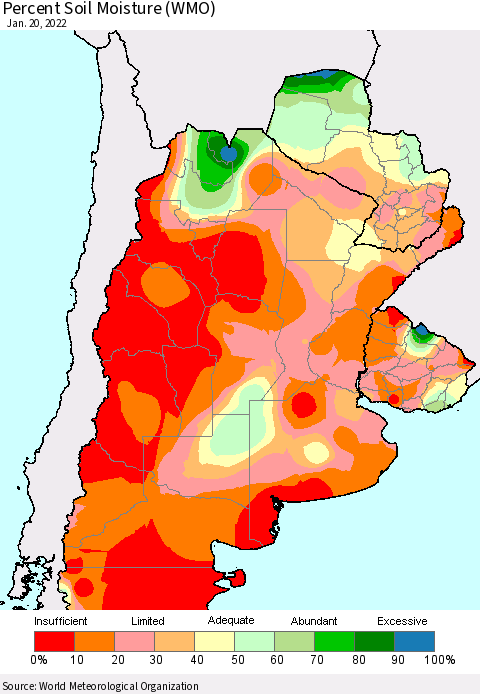 Southern South America Percent Soil Moisture (WMO) Thematic Map For 1/16/2022 - 1/20/2022