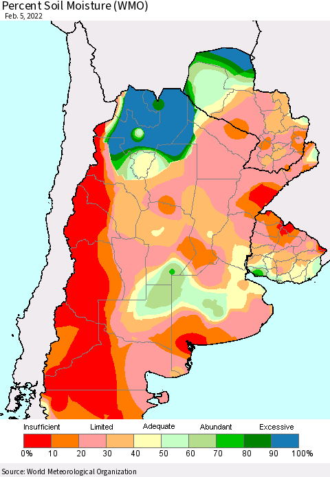 Southern South America Percent Soil Moisture (WMO) Thematic Map For 2/1/2022 - 2/5/2022