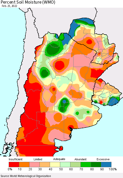 Southern South America Percent Soil Moisture (WMO) Thematic Map For 2/21/2022 - 2/25/2022