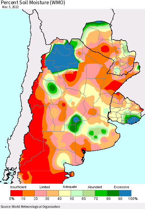 Southern South America Percent Soil Moisture (WMO) Thematic Map For 3/1/2022 - 3/5/2022
