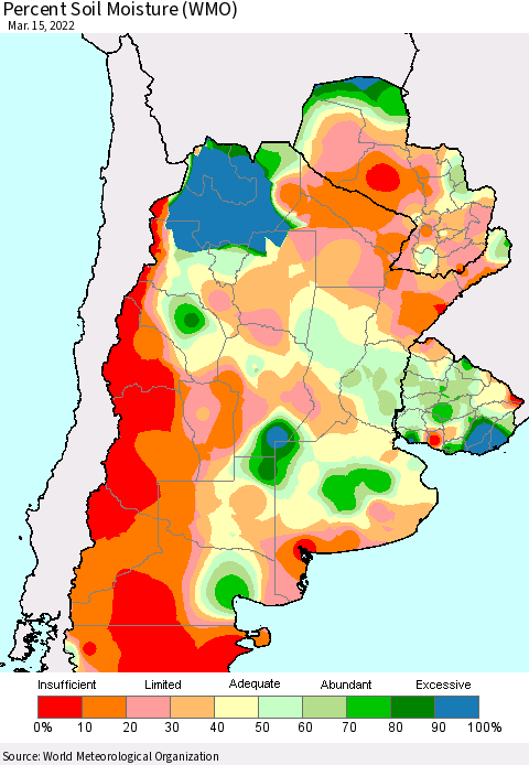 Southern South America Percent Soil Moisture (WMO) Thematic Map For 3/11/2022 - 3/15/2022