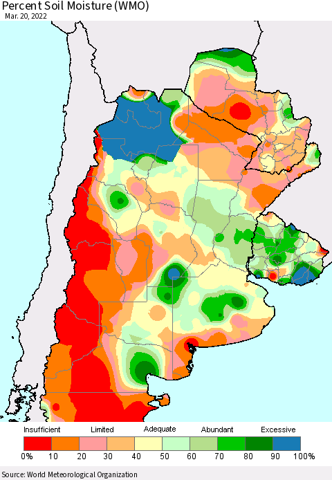 Southern South America Percent Soil Moisture (WMO) Thematic Map For 3/16/2022 - 3/20/2022
