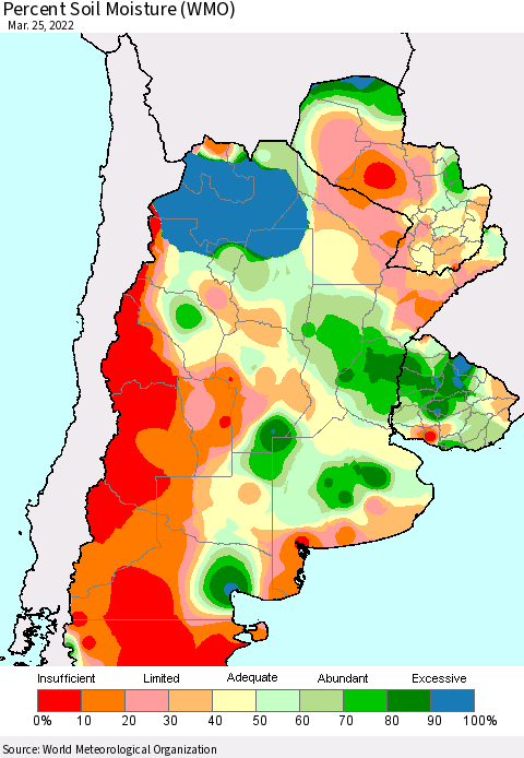 Southern South America Percent Soil Moisture (WMO) Thematic Map For 3/21/2022 - 3/25/2022