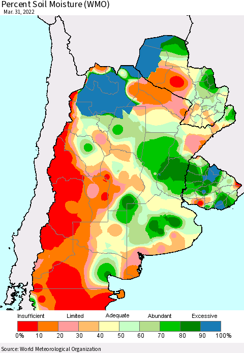 Southern South America Percent Soil Moisture (WMO) Thematic Map For 3/26/2022 - 3/31/2022