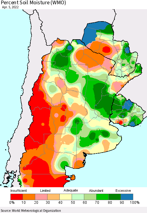 Southern South America Percent Soil Moisture (WMO) Thematic Map For 4/1/2022 - 4/5/2022