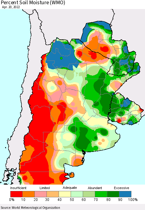 Southern South America Percent Soil Moisture (WMO) Thematic Map For 4/16/2022 - 4/20/2022