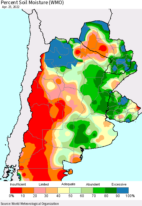Southern South America Percent Soil Moisture (WMO) Thematic Map For 4/21/2022 - 4/25/2022