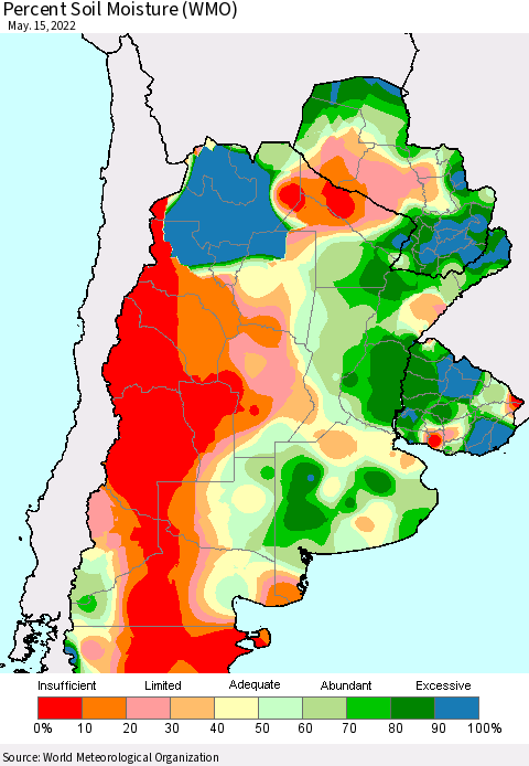 Southern South America Percent Soil Moisture (WMO) Thematic Map For 5/11/2022 - 5/15/2022