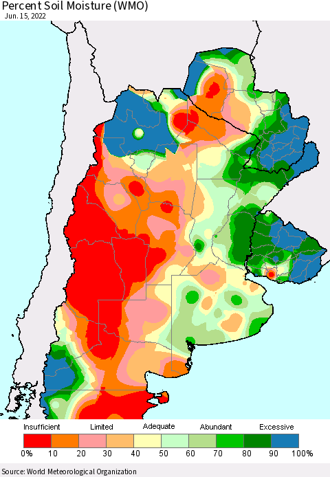 Southern South America Percent Soil Moisture (WMO) Thematic Map For 6/11/2022 - 6/15/2022
