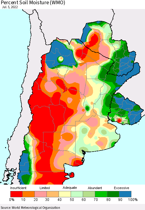 Southern South America Percent Soil Moisture (WMO) Thematic Map For 7/1/2022 - 7/5/2022