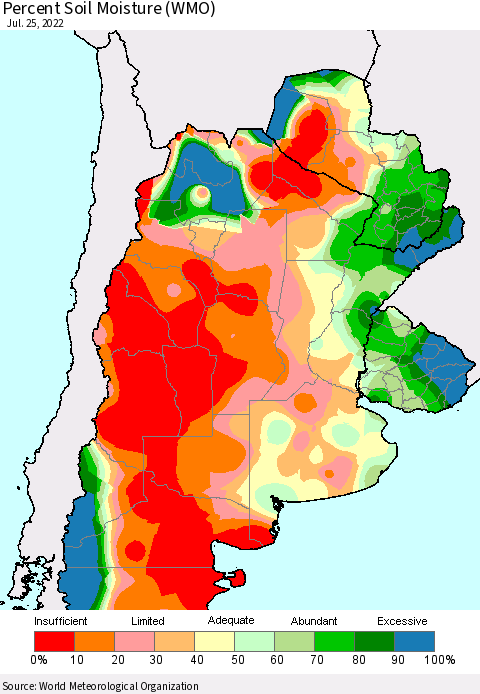 Southern South America Percent Soil Moisture (WMO) Thematic Map For 7/21/2022 - 7/25/2022