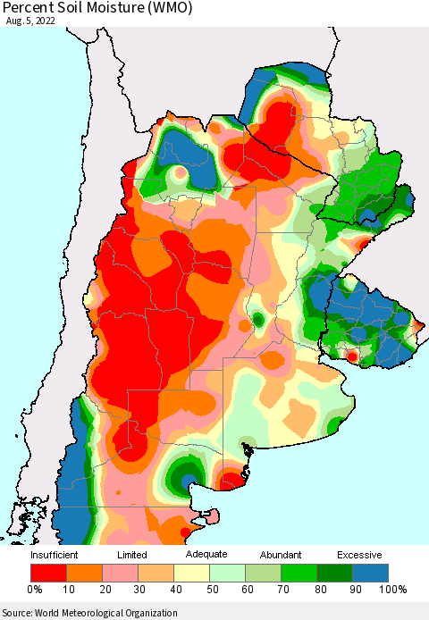 Southern South America Percent Soil Moisture (WMO) Thematic Map For 8/1/2022 - 8/5/2022
