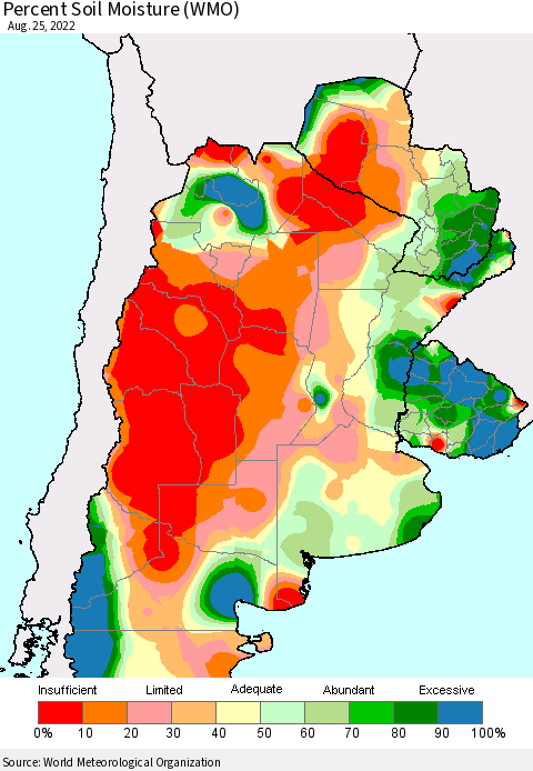 Southern South America Percent Soil Moisture (WMO) Thematic Map For 8/21/2022 - 8/25/2022
