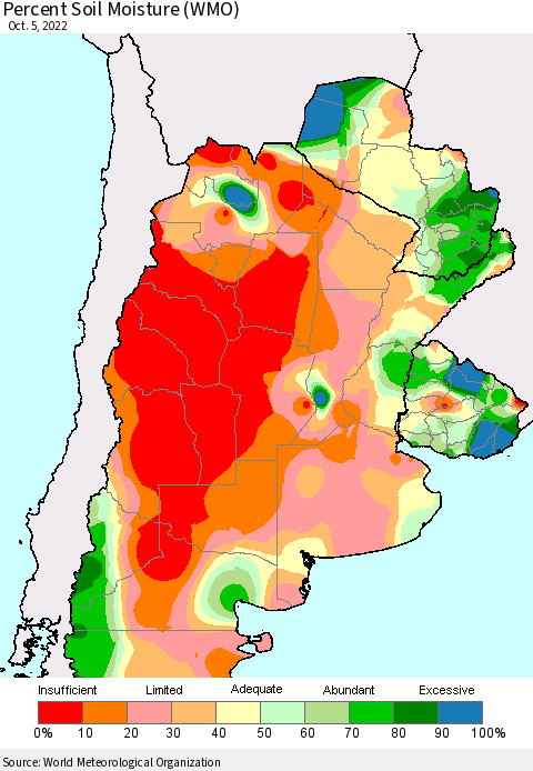 Southern South America Percent Soil Moisture (WMO) Thematic Map For 10/1/2022 - 10/5/2022