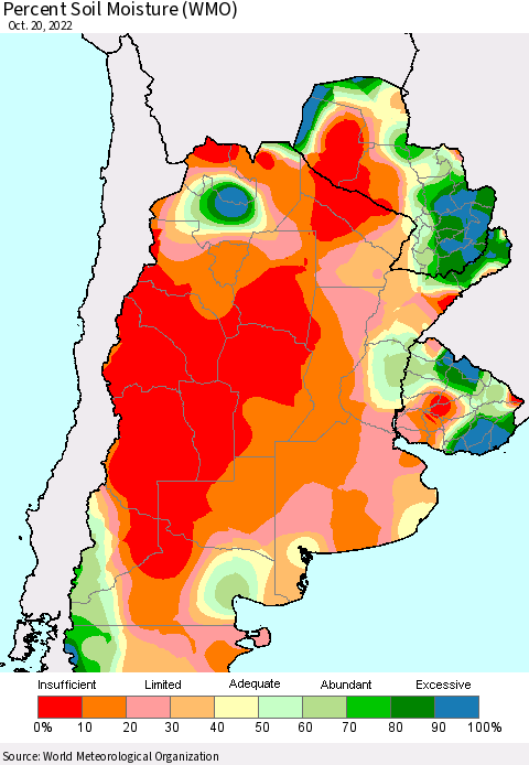 Southern South America Percent Soil Moisture (WMO) Thematic Map For 10/16/2022 - 10/20/2022