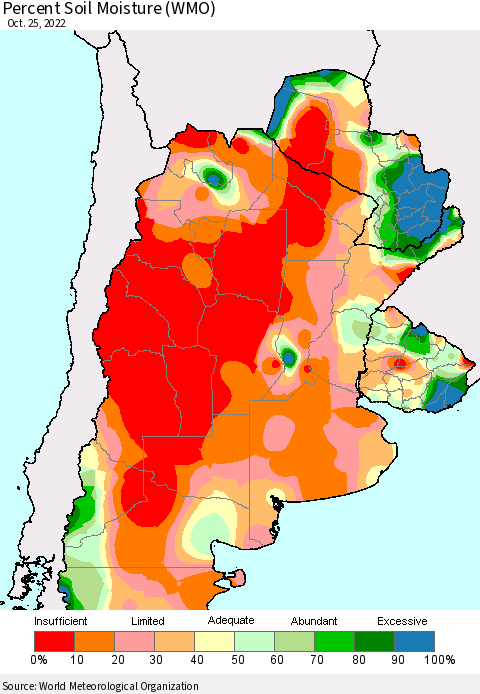Southern South America Percent Soil Moisture (WMO) Thematic Map For 10/21/2022 - 10/25/2022